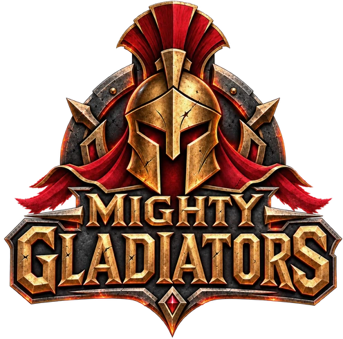 Mighty Gladiators — gold gladiator helmet and wordmark