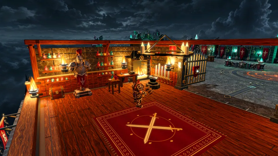 Weapons, armor and the glowing forge inside the armory